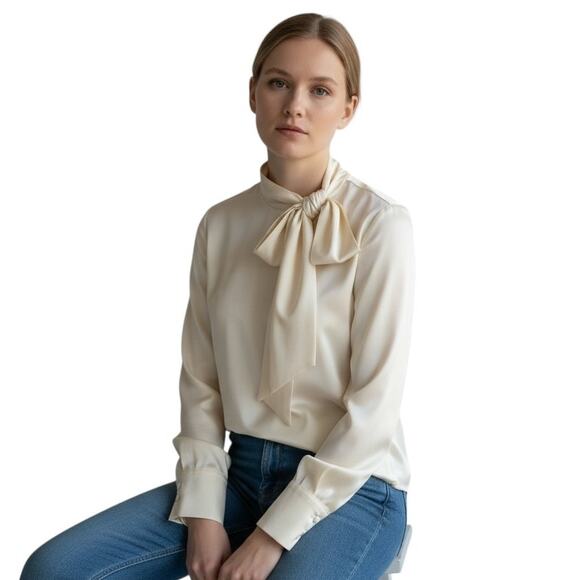 J.CREW COLLECTION CREAM SILK BLOUSE WITH TIE NECK WOMEN SIZE SMALL - Picture 1 of 14